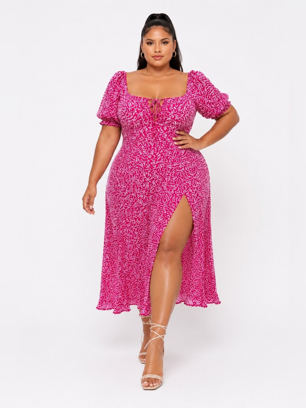 Finjani Plus Size Pink Floral Midi Dress Puff Sleeve Side Slit. Size 1XL - Picture 2 of 8